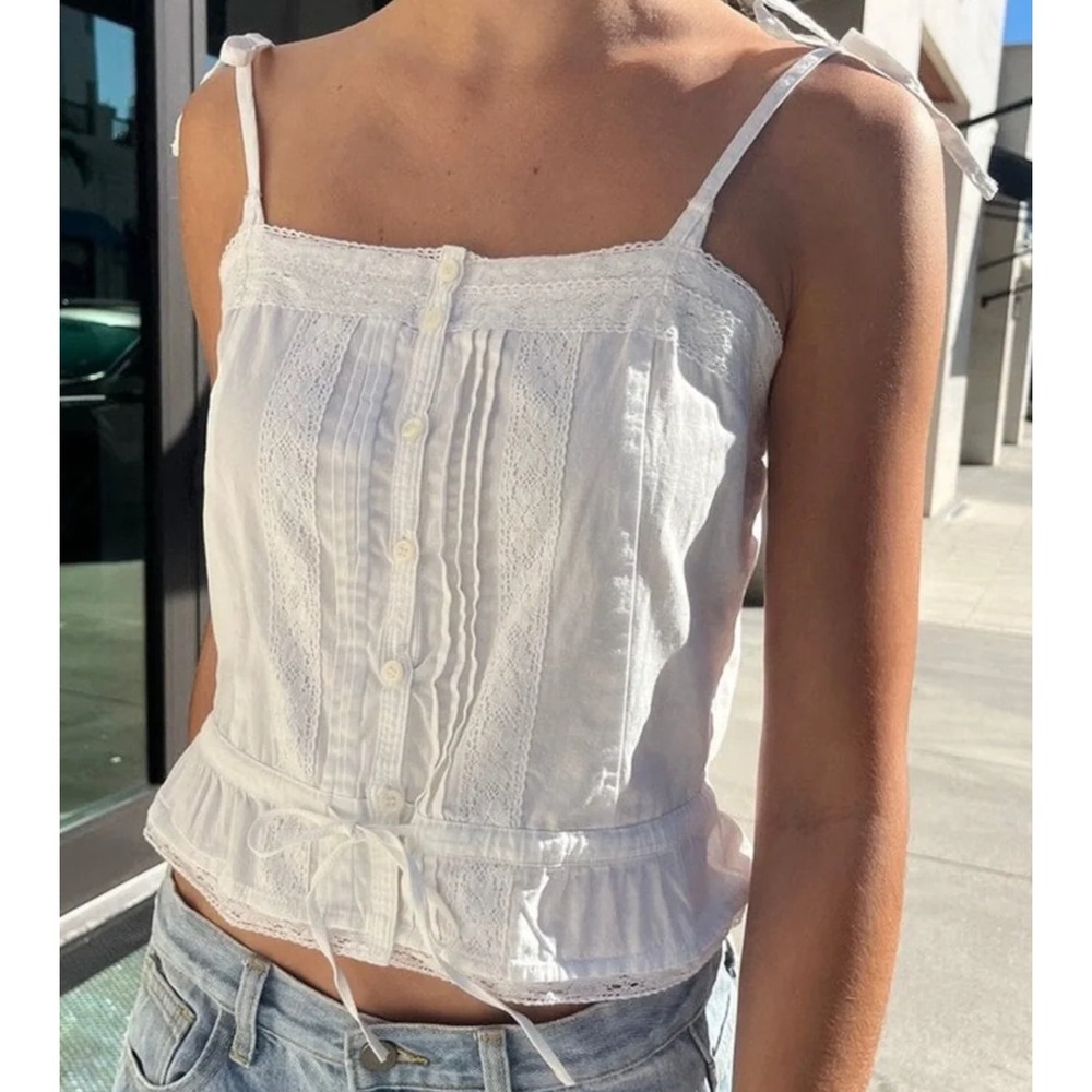Brandy Melville White Maeve Tank Top Lace Tie Straps Cotton Womens Size S
